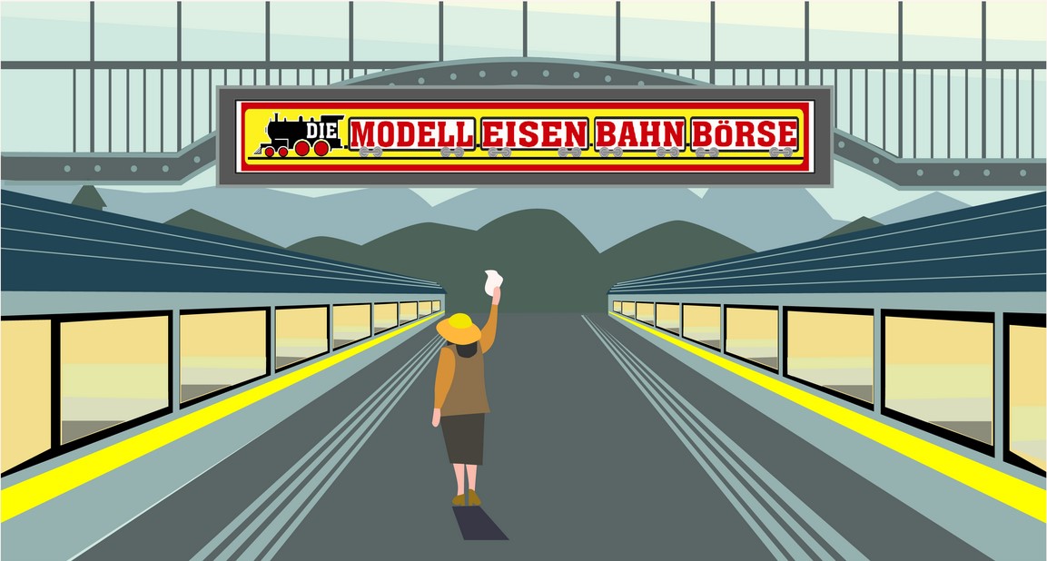 Illustration: Bahnsteig mit dem Schild der Modelleisenbahnbörse, eine Person winkt