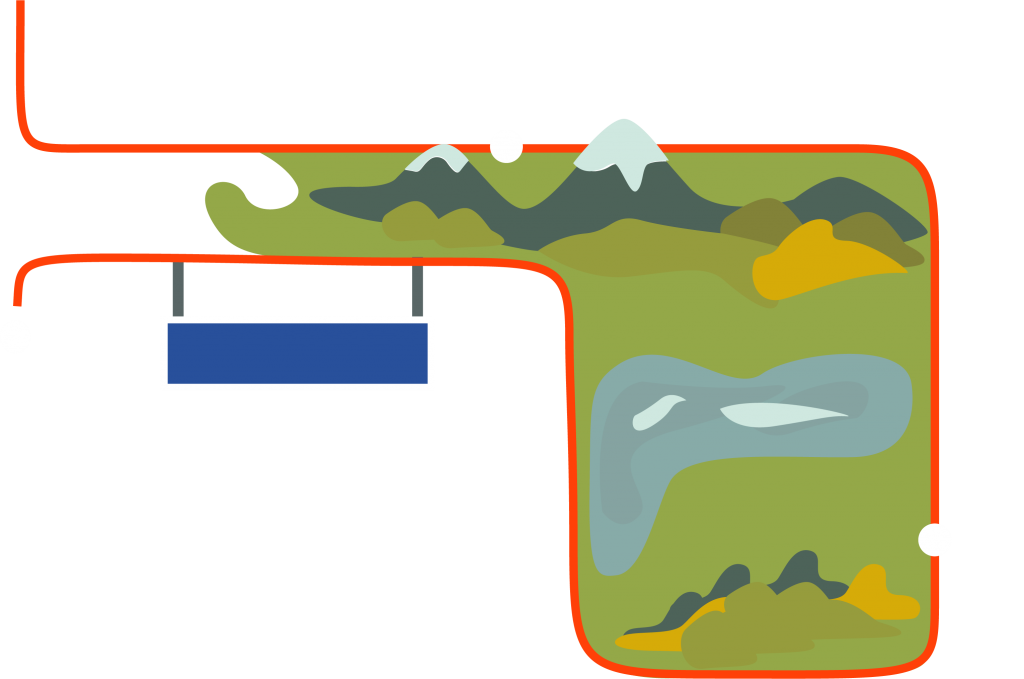 Illustration: Landschaft mit Bergen, See und Bahnstrecke