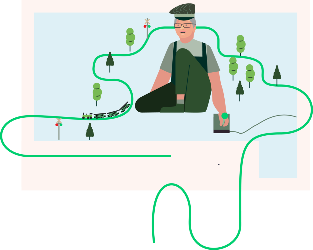 Illustration: Mann kniet neben einer kleinen Modellbahnanlage