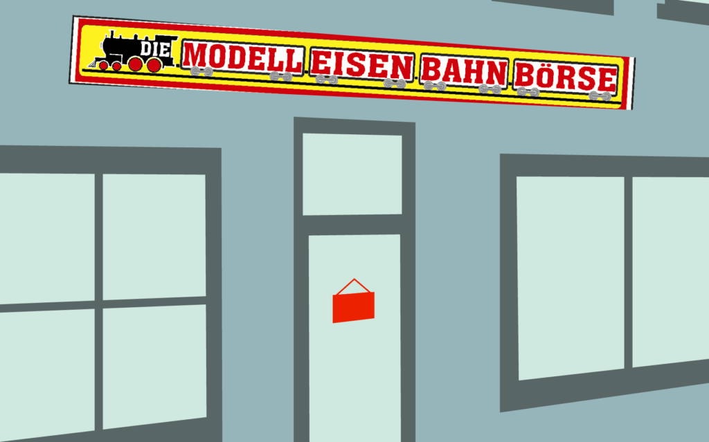 Illustration: Geschäftsfassade mit dem Schild der Modelleisenbahnbörse
